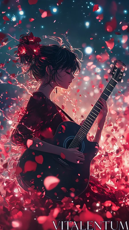 Guitar girl in swirling rose petals under dreamy starlight.
