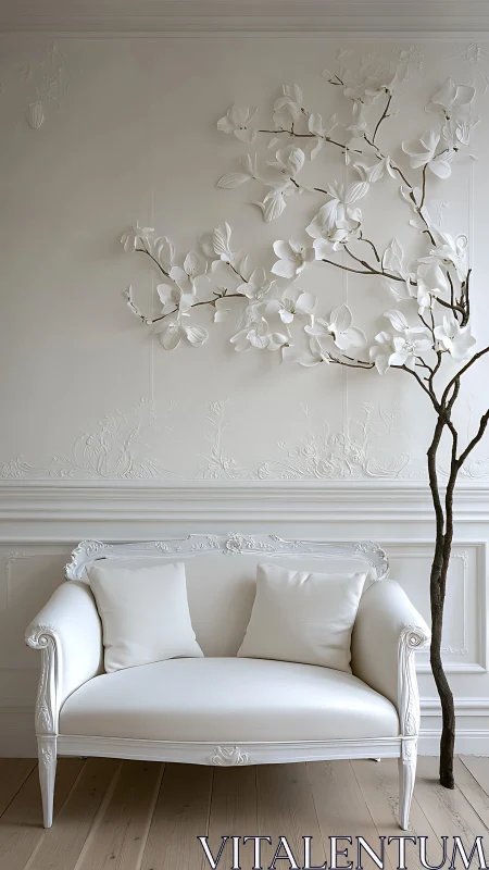 White settee and sculpted floral relief in neoclassical room.