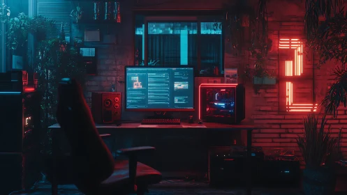 Dual-monitor coding workstation in neon lit gaming room.