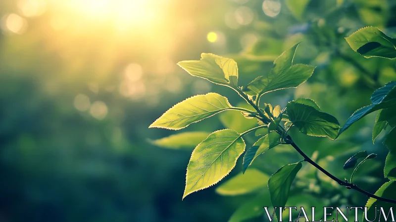 Sunlit Green Leaves Close-Up in Soft Focus Nature Photography.