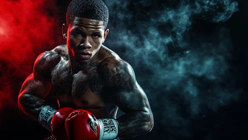 Champion Rising: Tattooed Pugilist Emerges Through Elemental Smoke
