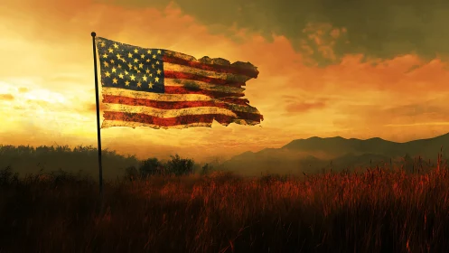 Tattered twilight flag over ember fields of a quiet republic.