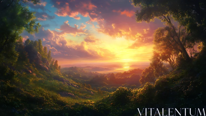 Golden valley sunrise spilling softly across quiet hills.