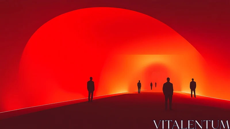 Silhouetted figures in a red minimalist tunnel space.