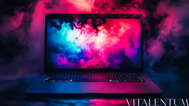 Neon storm escapes the laptop screen and floods the dark room