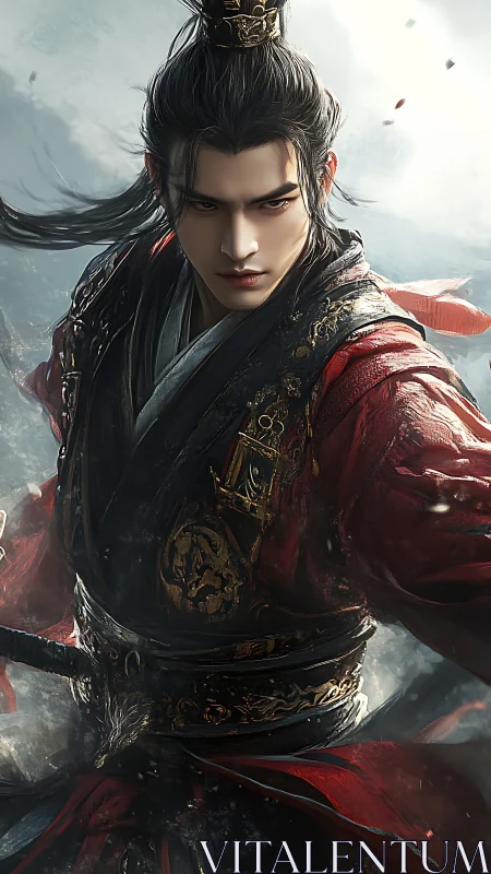 Brooding crimson warlord poised within storm-lit mist.