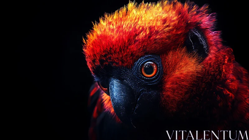 Vibrant Close-Up Portrait of Red Parrot in Dramatic Lighting.