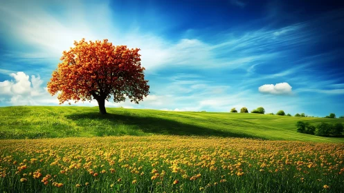 Single orange tree stands on green hill under vivid blue sky