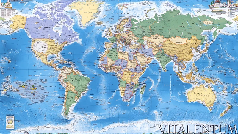 Political world map with relief shading and vivid labeling.