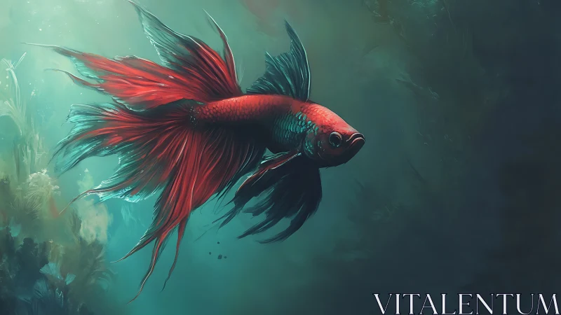 Betta fish glides through moody teal depths in soft light.