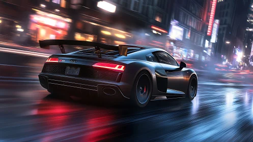 Audi R8 sports coupe racing on wet neon city street at night