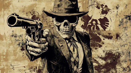 Skeletal gunslinger portrait with noir vector ink dynamics.