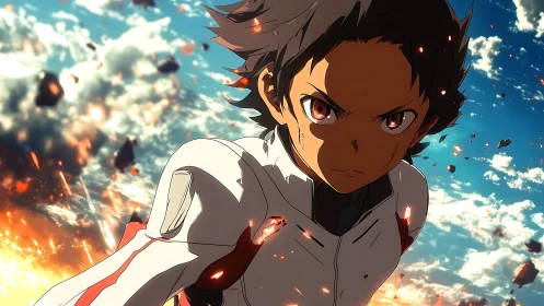 Determined anime hero in burning sky battle scene.