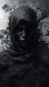 Shrouded spectral figure dissolves into volatile ash fragments