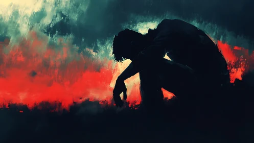 Silhouette kneels as stormy crimson horizon quietly burns
