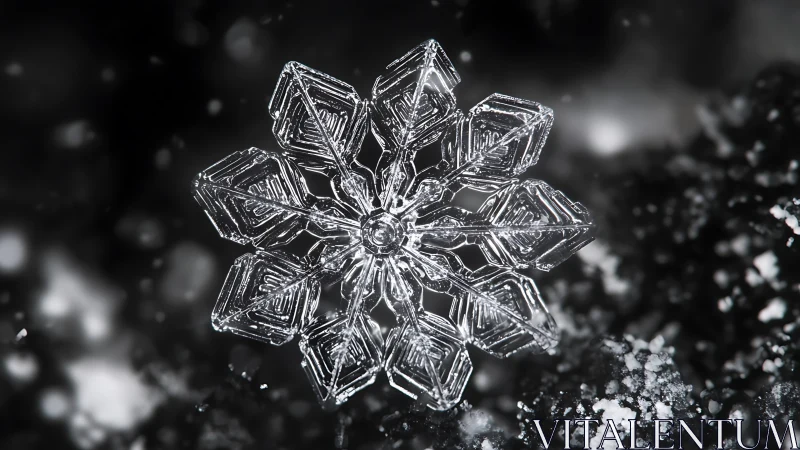 Hexagonal snowflake macro structure on dark background.