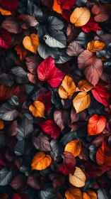 Autumn foliage arrangement with multicolored overlapping leaves.