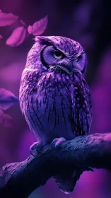 Violet-lit owl rests on a branch in a mystical night forest