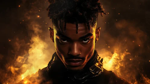 Intense cyber warrior emerges from blazing cinematic fire