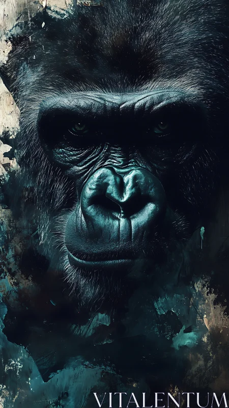 Brooding gorilla portrait in moody teal chiaroscuro style.