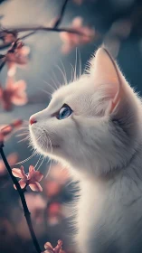 White cat with blue eyes observing pink flowering branches.