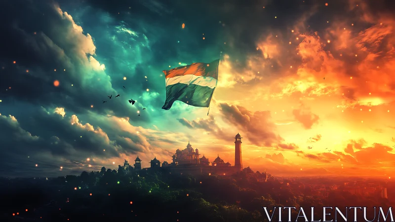 Twilight fortress glows beneath a soaring tricolor flag.