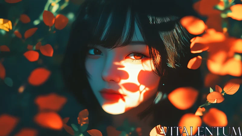 Digital portrait shows female face framed by orange foliage