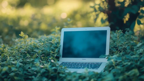 Laptop rests in lush greenery, blending tech with calm nature