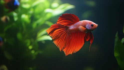 Graceful betta fish glides through softly lit green aquarium