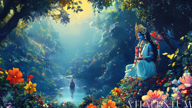 Blue-skinned deity in glowing forest beside reflective river.