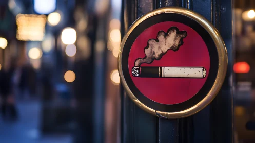 Smokers area pictogram on metal sign with urban bokeh background