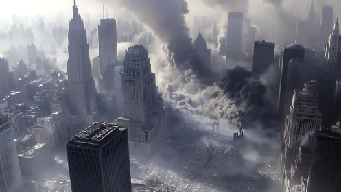 Smoke-choked skyscraper canyon in devastated metropolis.