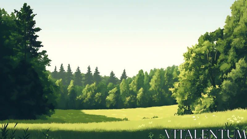 Sunlit Temperate Forest Clearing with Broadleaf Canopy Architecture