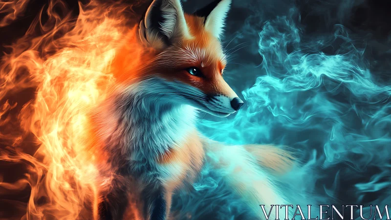 Mystic fox stands between blazing fire and icy smoke.