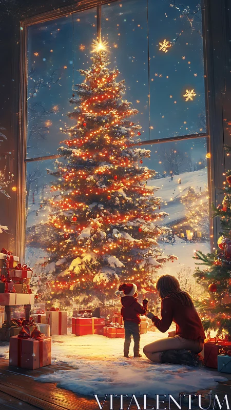 Digital painting of mother and child by illuminated Christmas tree.