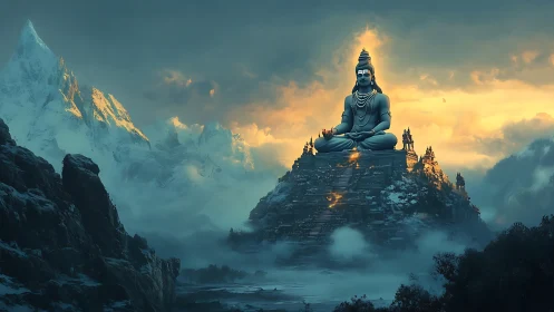 Colossal mountain deity statue overlooks misty temple valley