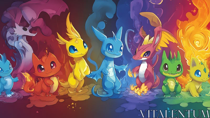 Elemental creature lineup in vibrant chromatic digital painting.