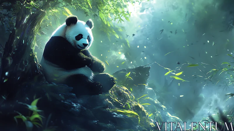 Digitally rendered panda sits on mossy rocks amid bamboo