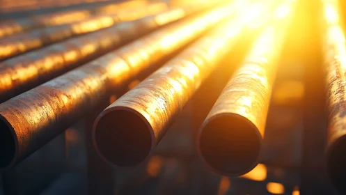 Sunlit industrial steel pipes in shallow depth of field.