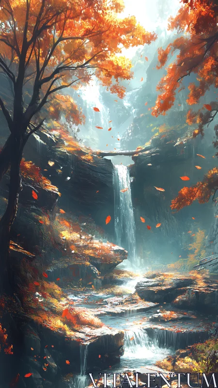 Autumn canyon waterfall under luminous misty backlight.