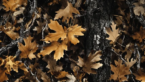 Oak leaf litter envelops textured tree bark in muted contrast