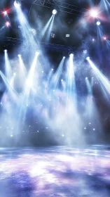 Volumetric stage beams over reflective concert floorscape.