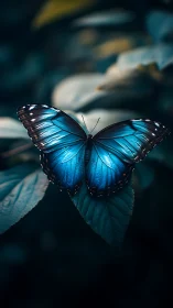 Blue butterfly resting on leaf in soft forest light.