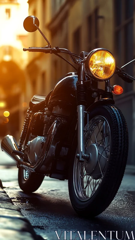 Vintage cafe racer motorcycle glows under golden streetlight