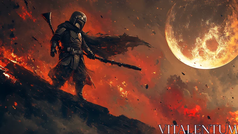 Armored wanderer surveys an infernal moonscape in cinematic detail