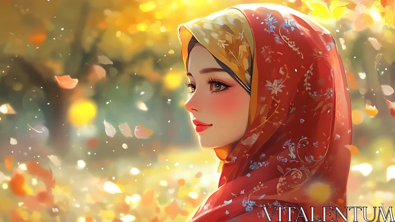 Side profile of woman in patterned hijab amid falling leaves