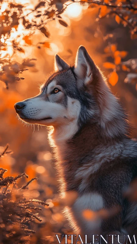 Husky profile glows under golden autumn forest light.
