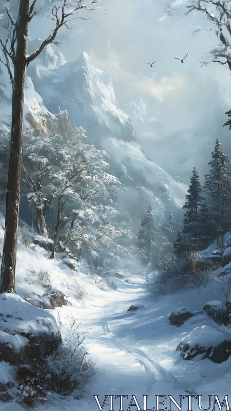 Winter mountain pass with snow-laden pines and soft haze.