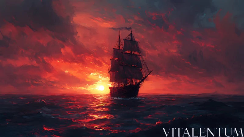 Lone tall ship sails into a blazing crimson seascape sunset