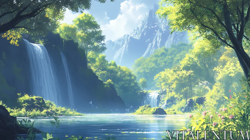 Digital landscape rendering depicting cascading waterfall within forested canyon setting